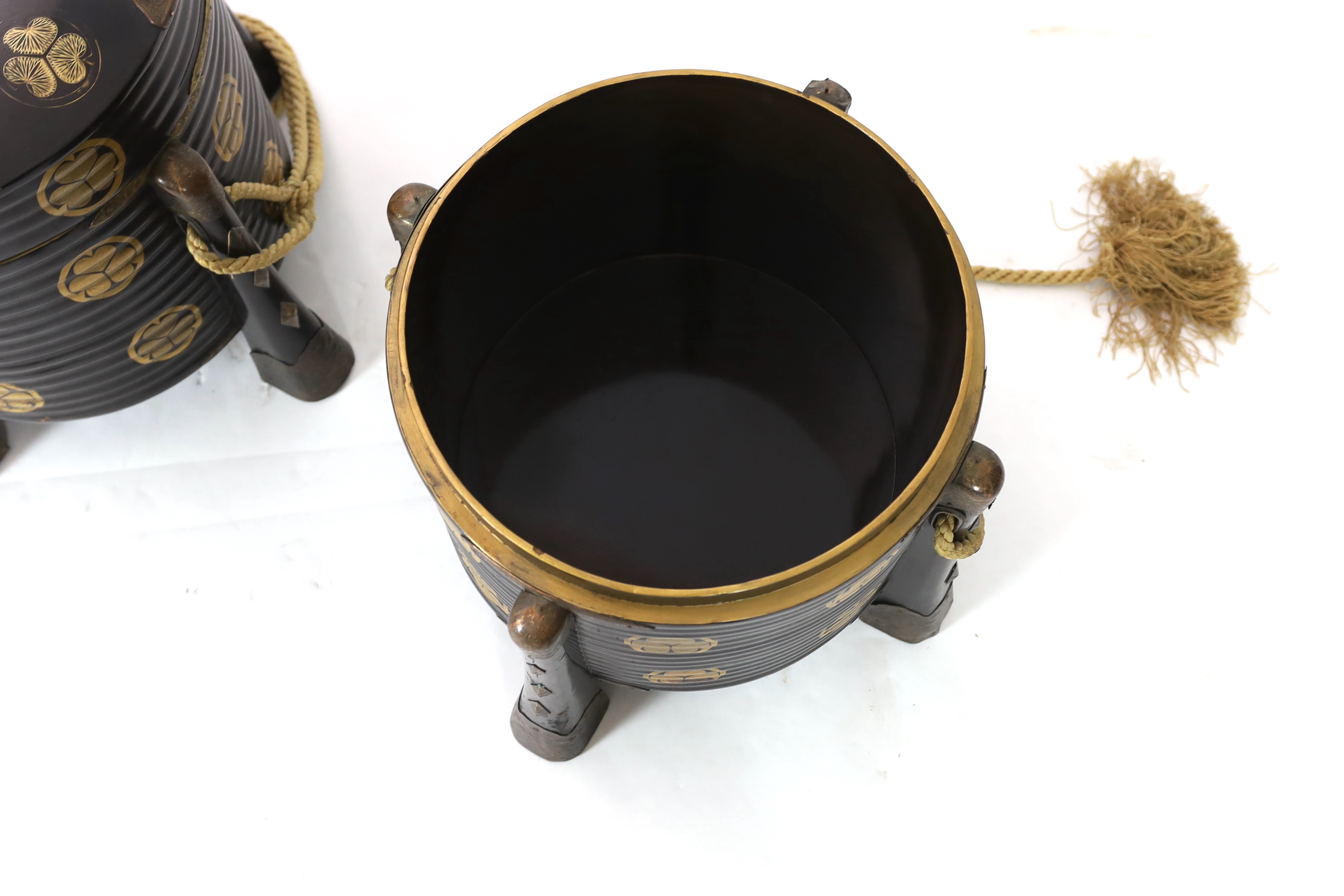 A pair of large Japanese black lacquer circular boxes and covers, Hokkai Bako, 19th century